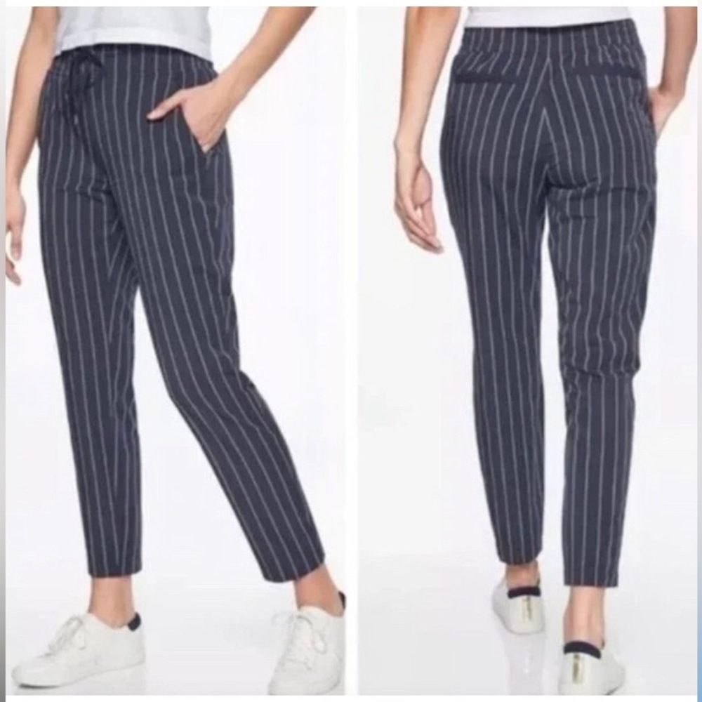 Athleta Midtown Navy and White Pinstripe Pull On Pants